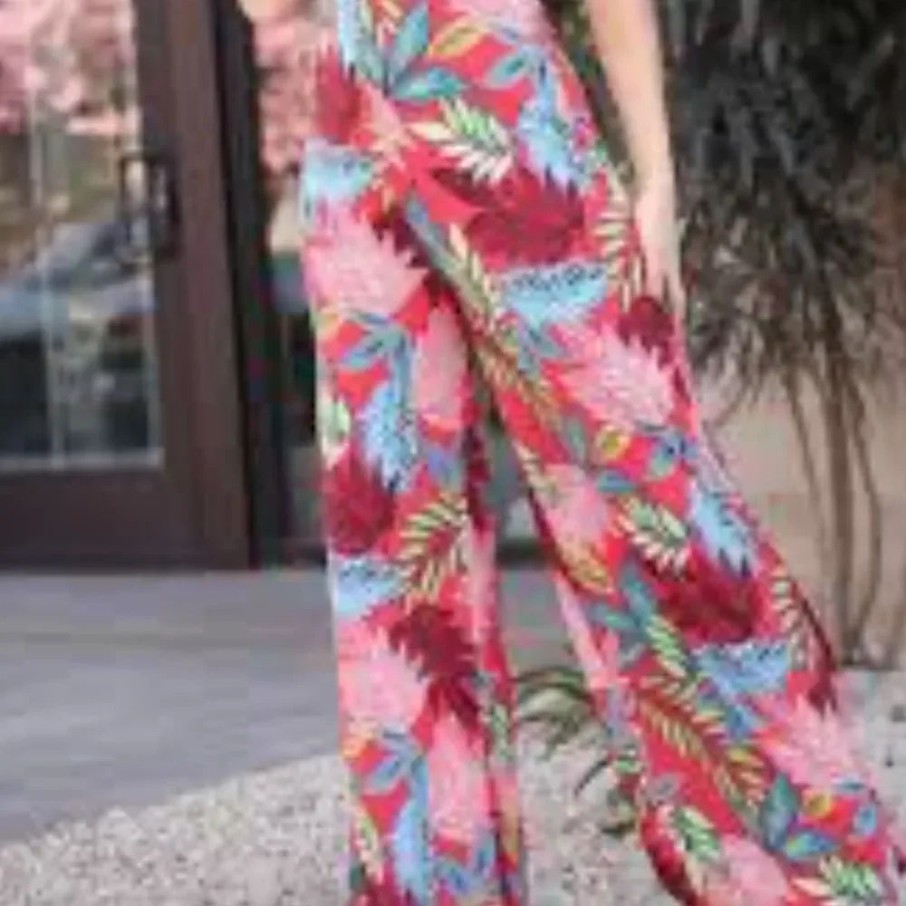 Jumpsuit S tropical colors v neck wide leg adjustable spagetti straps